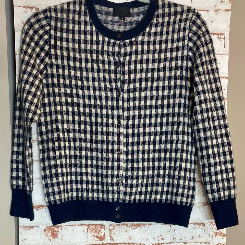 J. Crew Collection 100% Cashmere Black and Cream Checkered Cardigan Size S